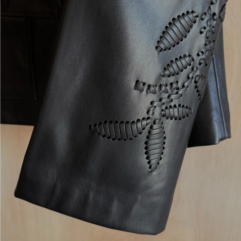 Chico’s Faux Leather Cropped Jacket Black Cutwork Detail Women’s S (US 6)